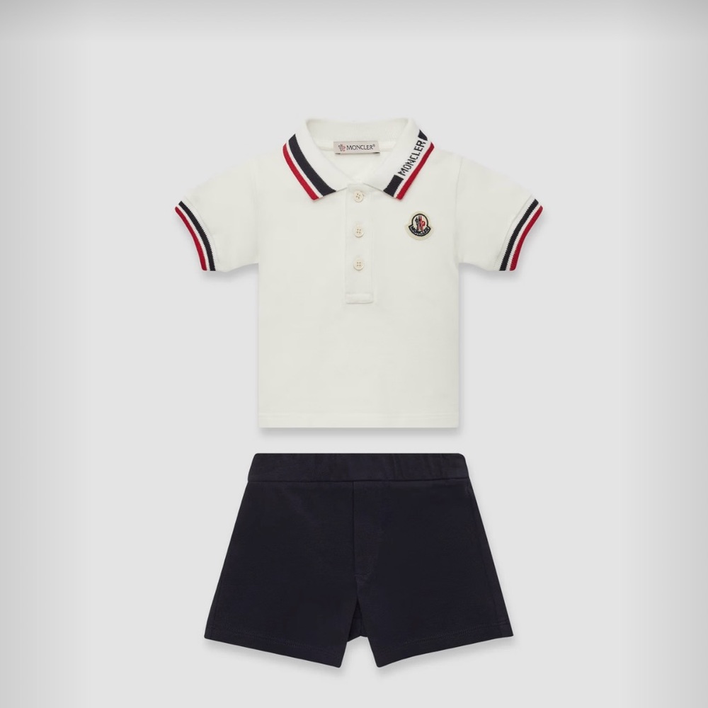 Moncler White Polo Shirt with Striped Trim
